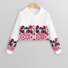 Shein Geo Print Drawstring Crop Hoodie