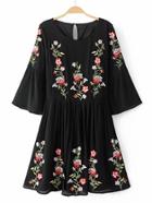 Shein Bell Sleeve Flower Embroidery Keyhole Back Dress