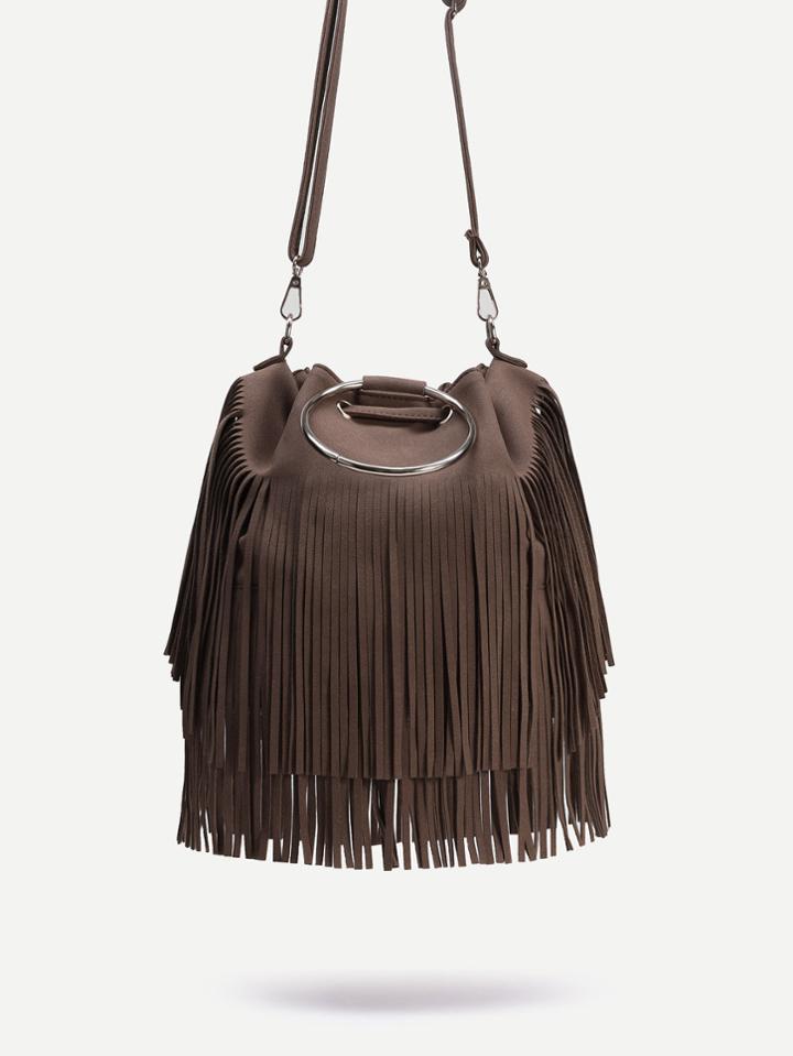 Shein Brown Pu Metal Ring Tassel Fringe Drawstring Crossbody Bag