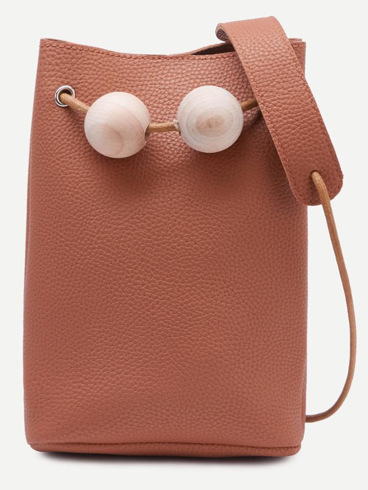 Shein Brown Wood Balls Snap Button Closure Bucket Bag