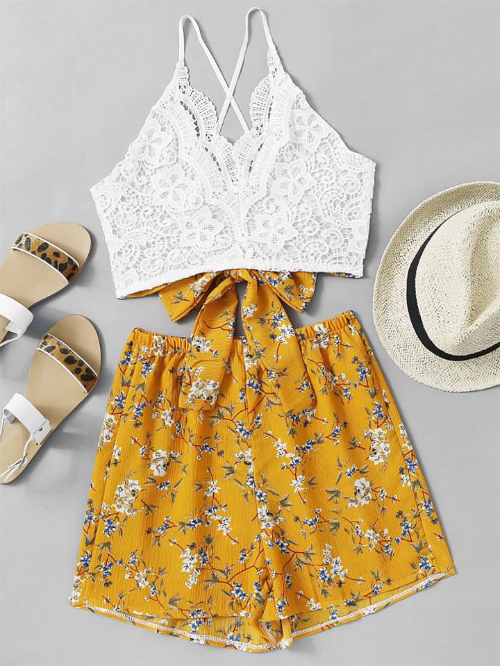 Shein Lace Panel Criss Cross Knot Back Cami Top With Florals Shorts