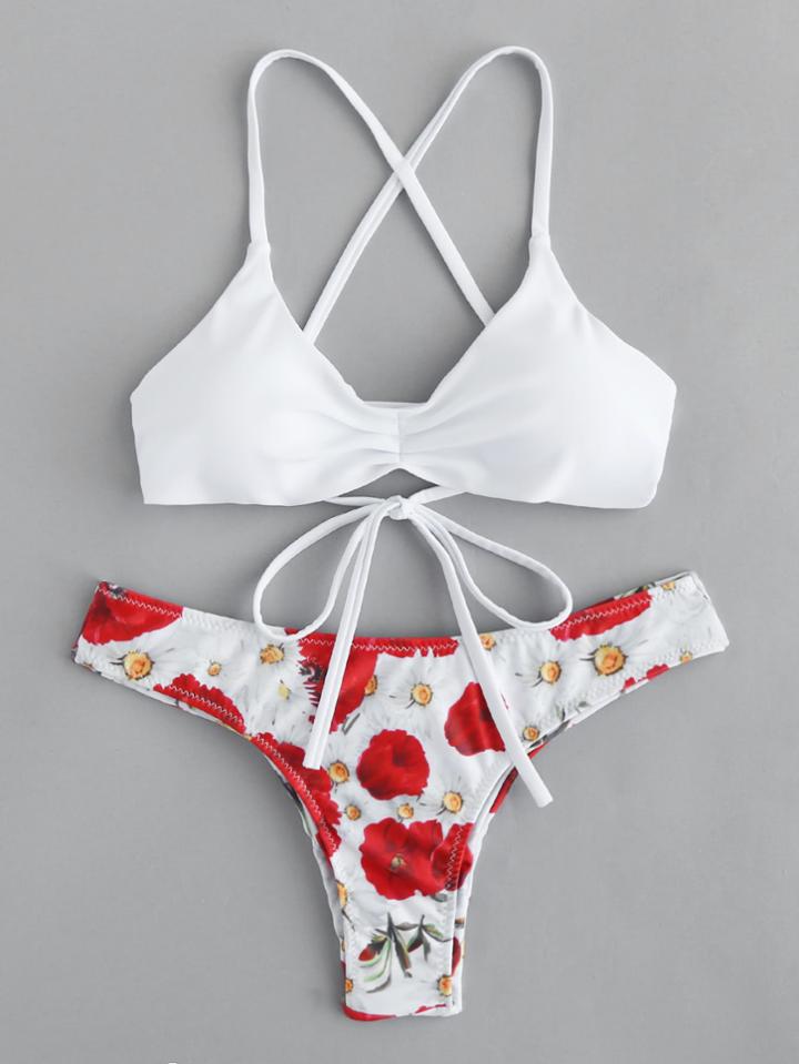 Shein Shirred Front Crisscross Mixed And Match Bikini Set
