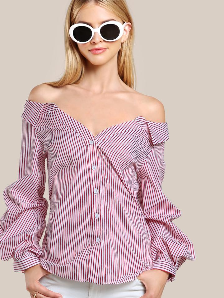 Shein Collared Striped Bardot Shirt