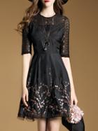 Shein Black Embroidered Mesh A-line Dress