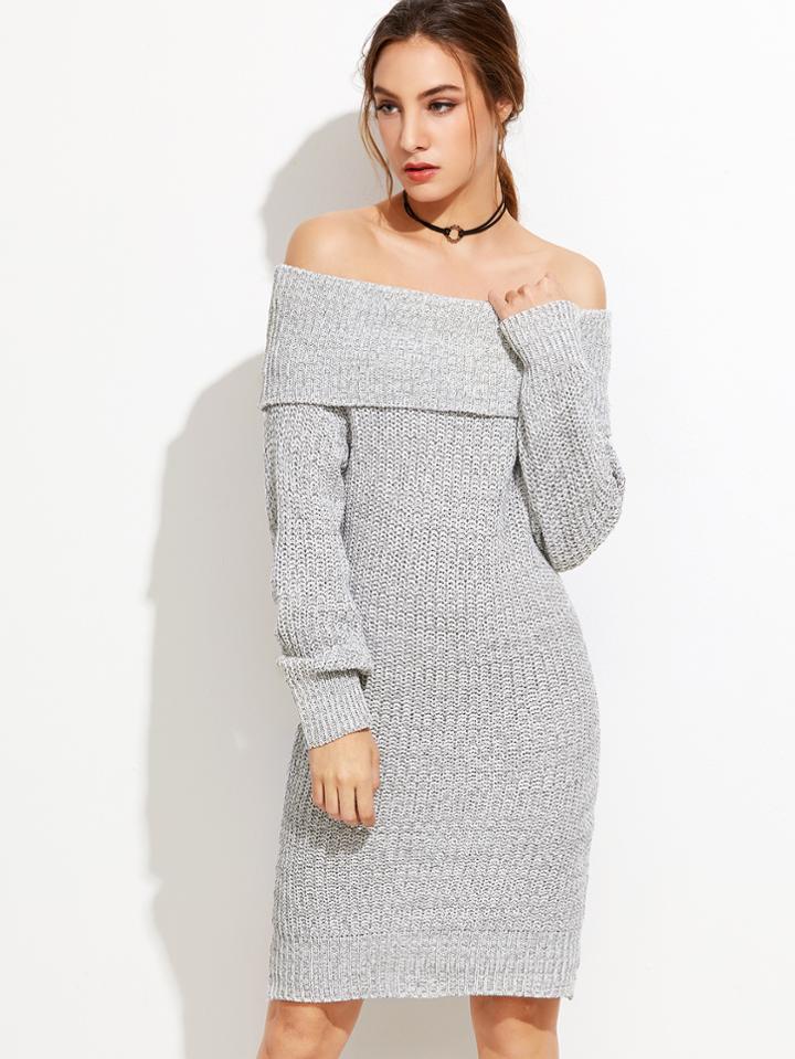 Shein Grey Off The Shoulder Foldover Sweater Dress