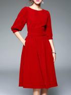 Shein Burgundy Pockets Velvet A-line Dress