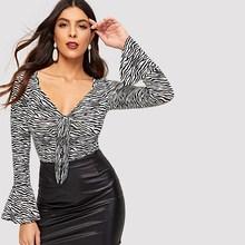 Shein Bell Sleeve Zebra Pattern Knotted Tee