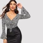 Shein Bell Sleeve Zebra Pattern Knotted Tee