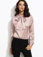 Shein Pink Bow Tie Neck Glossy Blouse