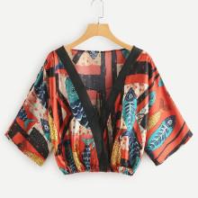 Shein Deep V Neckline Random Print Top
