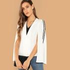 Shein Deep V Neck Striped Trim Cape Coat