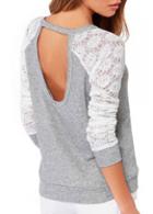 Rosewe Lace Splicing Long Sleeve Grey Hollow Back Blouse
