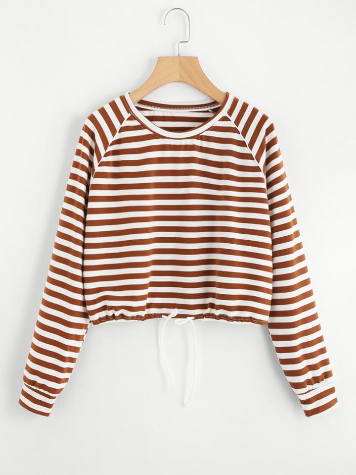 Shein Raglan Sleeve Drawstring Hem Striped Tee