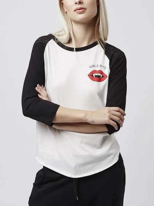 Shein Colour-block Round Neck Lip Print T-shirt