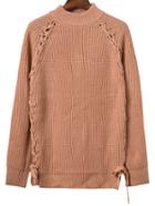 Shein Khaki Mock Neck Lace Up Textured Sweater
