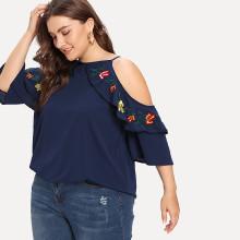 Shein Plus Open Shoulder Embroidery Flounce Embellished Blouse