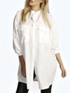 Shein White Stand Collar Pockets Boyfriend Shirt