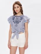 Shein Flutter Sleeve Bow Tie Front Embroidered Top
