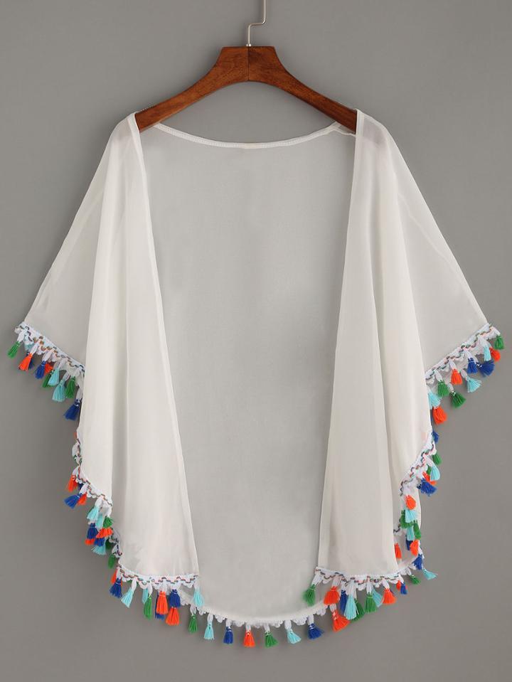 Shein White Tassel Trimmed Chiffon Top