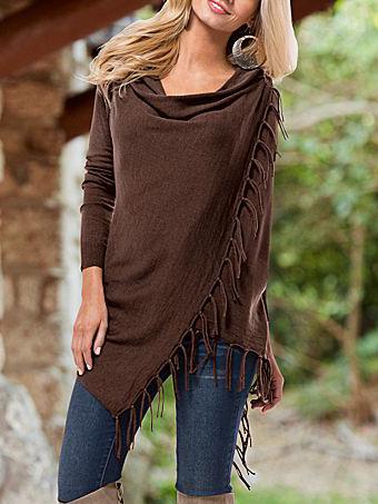 Shein Brown Cowl Neck Fringe Asymmetrical Coat