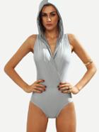 Shein Grey Surplice Front Hooded One-piece Swimwear