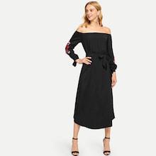 Shein Floral Patched Off The Shoulder Belted Dress