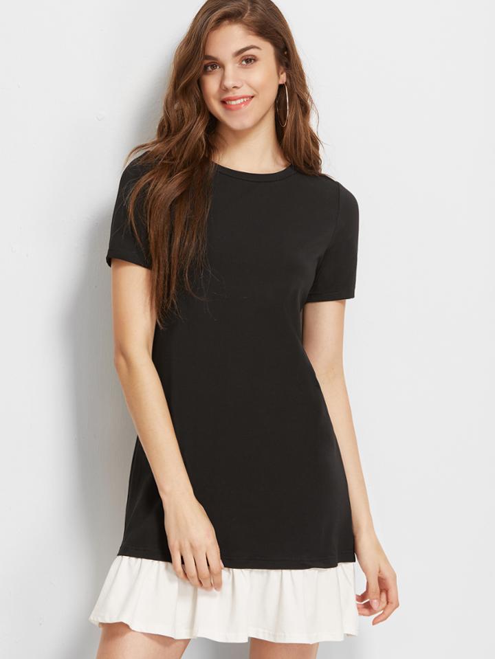 Shein Black Contrast Ruffle Trim Short Sleeve Tee Dress
