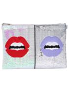 Shein Embroided Lips Sequine Featured Silver Clutch Bag