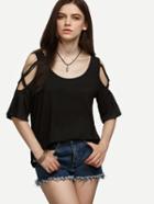 Shein Black Cutout Crisscross Half Sleeve T-shirt
