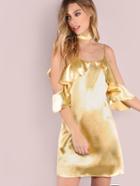 Shein Yellow V Back Ruffle Cold Shoulder Dress With Neck Tie