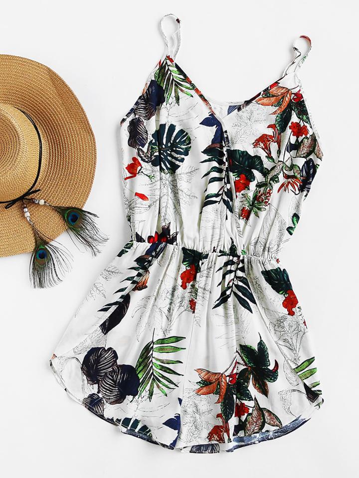 Shein Tropical Print Surplice Tulip Hem Cami Romper