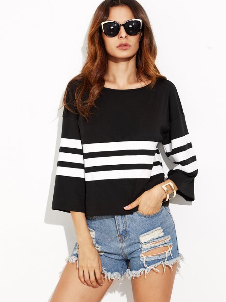 Shein Black Striped Drop Shoulder Kimono Sleeve T-shirt