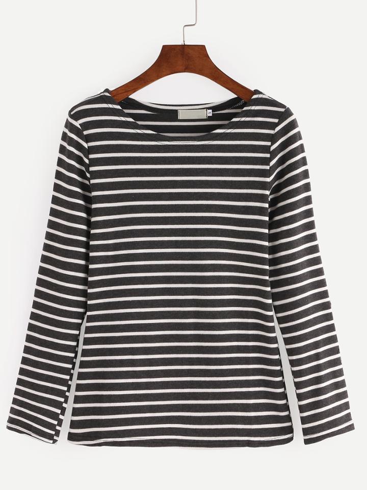 Shein Black White Striped Elbow Patch T-shirt