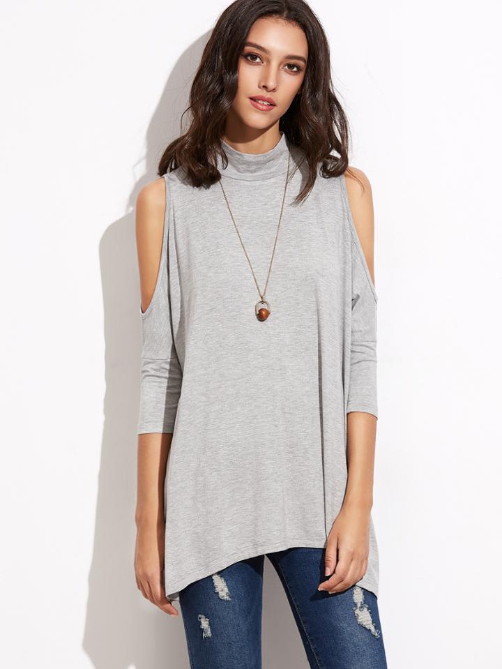 Shein Heather Grey High Neck Keyhole Back Cold Shoulder T-shirt