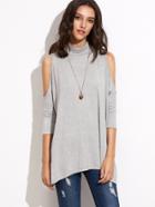 Shein Heather Grey High Neck Keyhole Back Cold Shoulder T-shirt