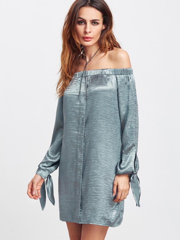 Shein Tie Sleeve Button Up Silky Bardot Dress