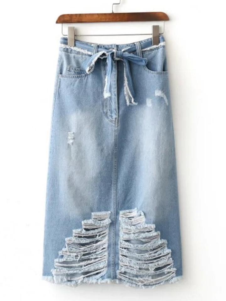Shein Ripped Detail Split Back Tie Waist Denim Skirt
