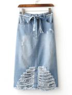 Shein Ripped Detail Split Back Tie Waist Denim Skirt