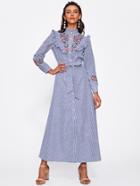 Shein Self Belted Frill Trim Embroidered Pinstripe Shirt Dress