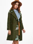 Shein Army Green Flower Embroidered Slit Back Coat