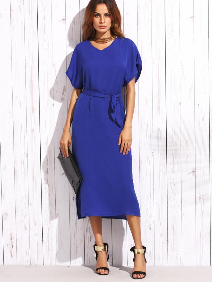 Shein Blue Self Tie Mesh Insert Flutter Sleeve Dress