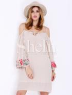 Shein Apricot Long Sleeve Cold Shoulder Embroidered Dress
