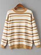 Shein Khaki Striped Crew Neck Drop Shoulder Sweater