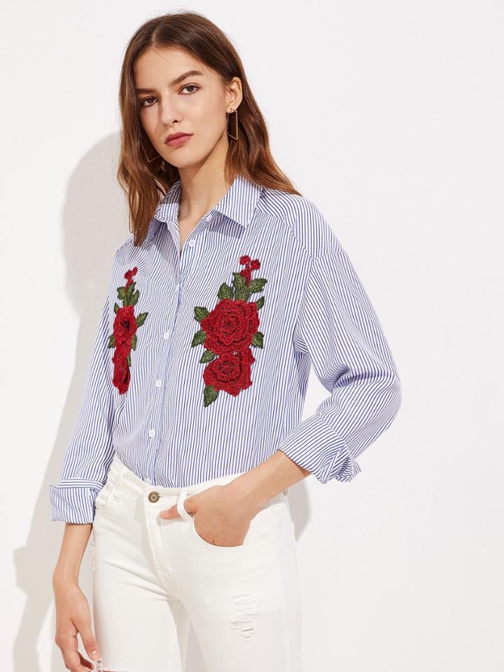 Shein Symmetric Embroidery Patch Curve Hem Shirt