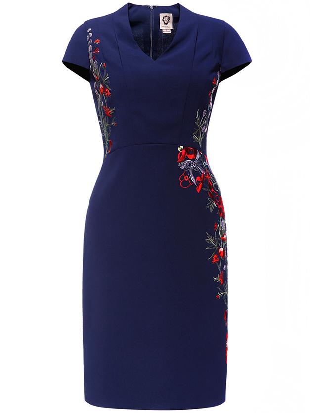 Shein Navy V Neck Cap Sleeve Embroidered Sheath Dress