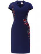 Shein Navy V Neck Cap Sleeve Embroidered Sheath Dress