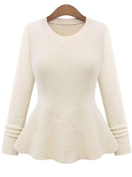 Shein Beige Round Neck Ruffle Knit Sweater