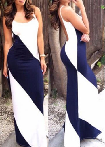 Rosewe White And Navy Blue Backless Dress