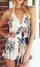 Shein White Criss Cross Backless Floral Jumpsuit