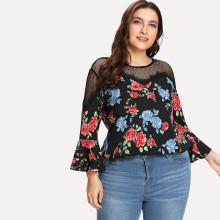 Shein Plus Dot Lace Insert Flounce Sleeve Floral Top